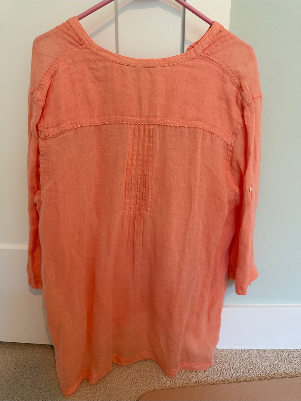 3 Tommy Bahama Linen Button Down Blouses with Ruffle Detail Aqua Coral and Tan - Picture 6 of 15